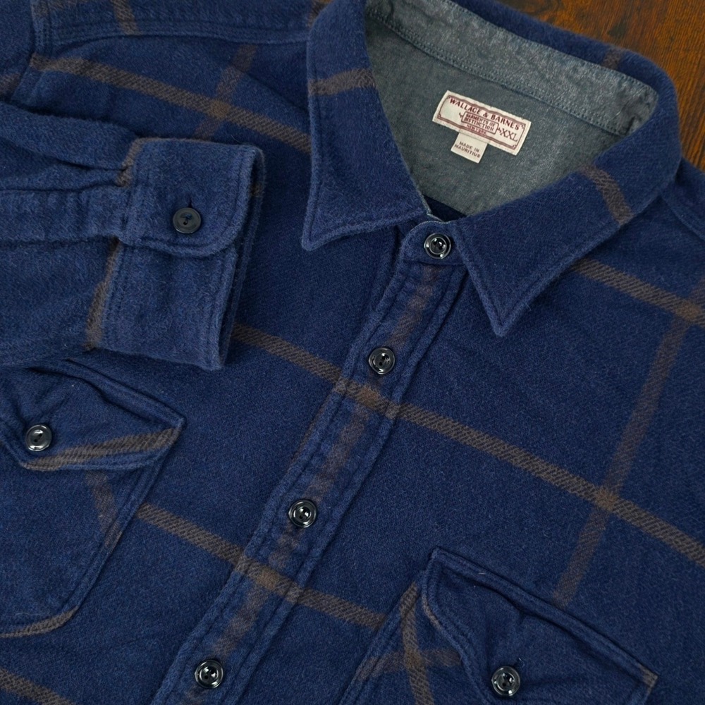 Wallace & Barnes Plaid Flannel Shirt Mens XXL Blue Windowpane Heavy Utility‎